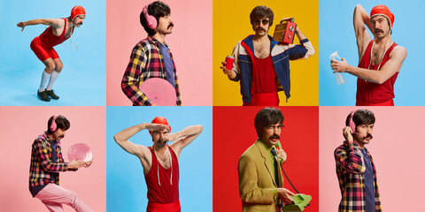 Collage. Portraits of man with moustache posing in different vintage costumes over multicolored...