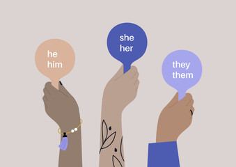 Hands holding pads with pronoun variations, gender equality, pride month - obrazy, fototapety, plakaty
