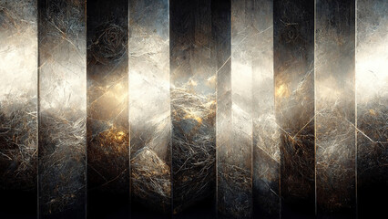 Scratched steel. Abstract background. Metal wall. Glowing shiny bronze golden uneven distressed striped texture collage art illustration with free space.