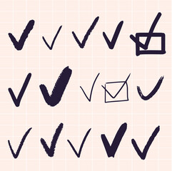 Vector checkmarks drawn by hand. Drawn in a checkered notebook.