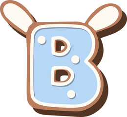 Christmas gingerbread in the shape of the letter with rabbit ears, white blue glaze, polka dots