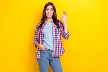 Photo of youngster pretty lovely girl hold hand pocket hello sign palm up greetings nice cadre look camera isolated on yellow color background © deagreez