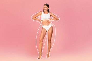 Body Scupting. Fit Lady With Slim Figure In Underwear On Pink Background