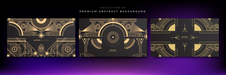 Gradient art deco background with black and golden line. Flat gold line pattern design art deco background