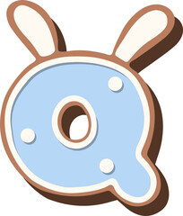 Christmas gingerbread in the shape of the letter with rabbit ears, white blue glaze, polka dots