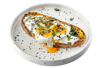Avocado toast with poached egg on a wooden board. Breakfast concept. 45 view