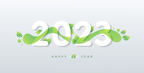 Happy 2023 new year with natural green leaves banner. Greetings and invitations, New year Christmas friendly themed congratulations, cards and natural background. Vector illustration