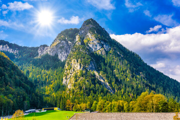 Alps mountains covered with forest, Schoenau am Koenigssee, Konigsee, Berchtesgaden National Park, Bavaria, Germany.