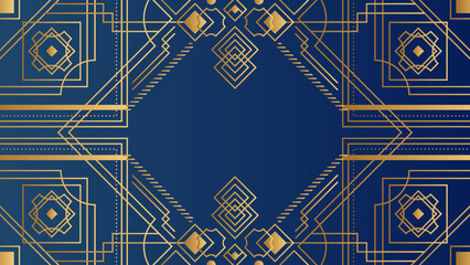 Vector abstract geometric golden background. Art deco wedding, party pattern, geometric ornament, linear style with leaves. Horizontal orientation luxury decoration element in blue background