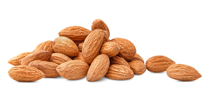 heap of peeled almonds on a white isolated background