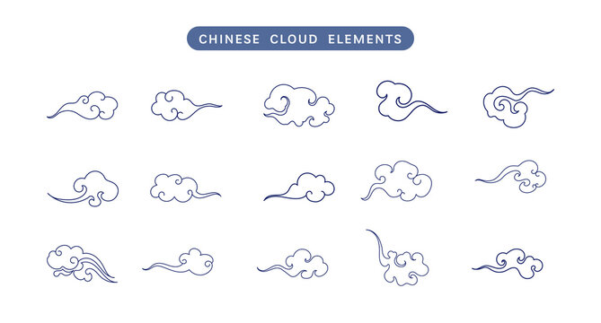 Chinese clouds line vector collection. Doodle ornament oriental elements for asian chinese new year card or mid autumn. Vintage sky art decorative illustration