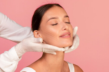 Skin Rejuvenation. Beautician Doctor Examining Face Of Beautiful Young Female