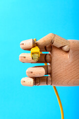 Conceptual image of a wooden hand holding a broadband internet cable patch lead