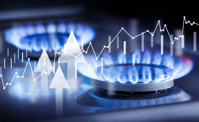 gas burner and graph with data, natural gas price growth concept
