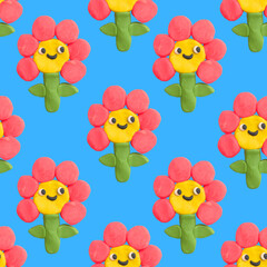 funky groove flower character.Plasticine craft seamless pattern .Clay 3d render patch.Real texture plasticine ornament.quirky .Psychedelic funny hippie.Flower power chamomile 00s and 90s style back