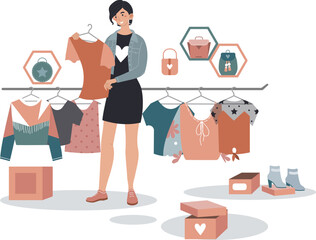 Big clearance sale, boutique selling designer fashion wear, woman hold shirt isolated on white, cartoon vector illustration.