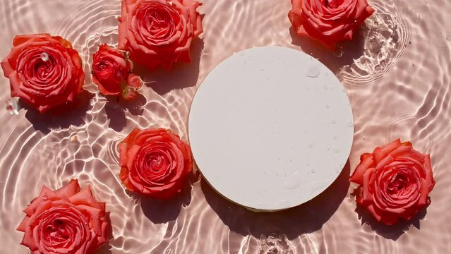 Empty white circle podium on transparent water texture and flowers of roses. Slow motion of waves water on pink background. Sun and shadows. Video for design, advertising, products. High quality 4k