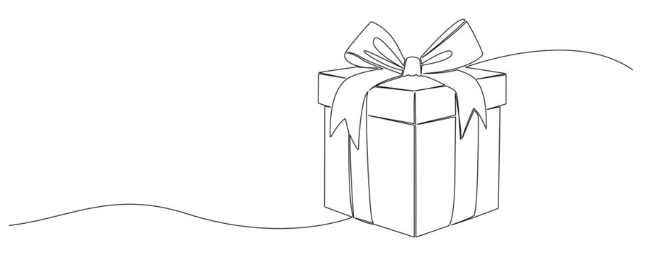 gift box with ribbon single line drawing isolated on white, line art vector illustration