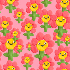 funky groove flower character.Plasticine craft seamless pattern .Clay 3d render patch.Real texture plasticine ornament.quirky .Psychedelic funny hippie.Flower power chamomile 00s and 90s style back	