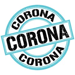 CORONA text on blue-black round stamp sign