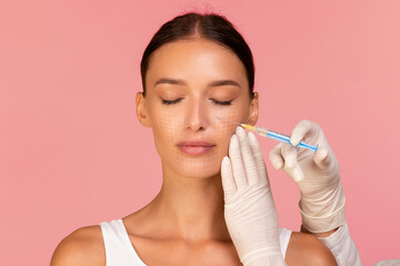 Beautician Doctor Making Injection To Beautiful Woman With Drawn Mesh On Face