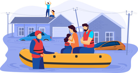 Tsunami consequences, rescue male female character evacuation save inflatable boat people victim flood isolated on white, cartoon vector illustration.