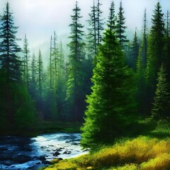 Beautiful 3D Nature and landscape wallpaper with a mountain view and green pine trees with a flowing lake