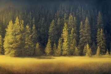 Beautiful 3D Nature and landscape wallpaper with a mountain view and pine trees