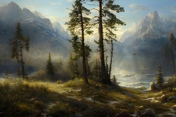 Beautiful 3D Nature and landscape wallpaper with a mountain view and pine trees and a running lake