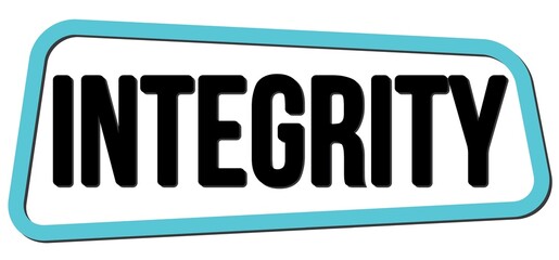 INTEGRITY text on blue-black trapeze stamp sign.