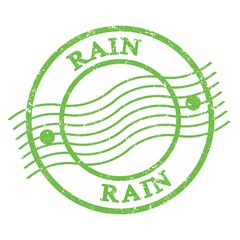 RAIN, text written on green  postal stamp.