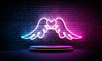 Abstract neon background with glowing Heart Wings one line, Stage Podium Scene, Modern minimal line art. Heart Wings Neon Sign, 3d rendering.
