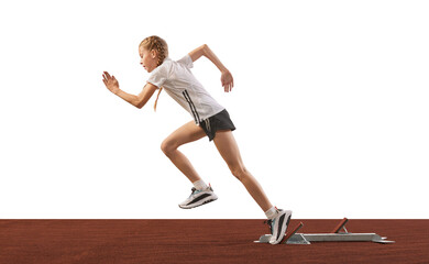 Young athlete, beginner female track runner bursting off starting block isolated over white...