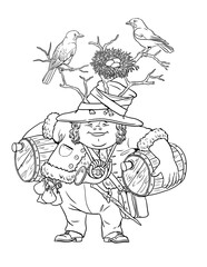 Funny forest gnome drawing. Coloring page with the magician dwarf. Coloring template with wizard.