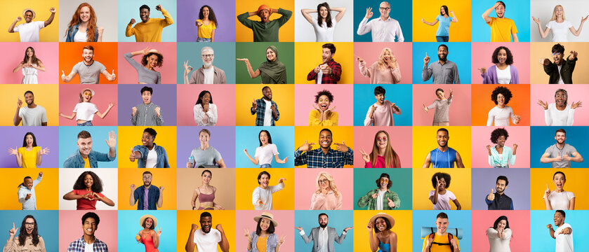 Mosaic Of Different Happy People Portraits Over Colorful Backgrounds