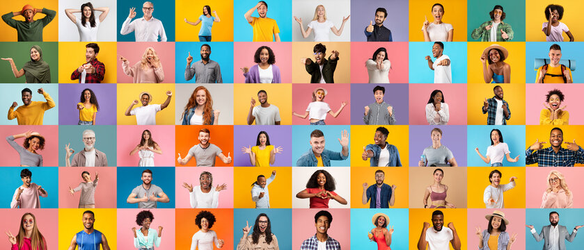 Positive People. Portraits Of Happy Multicultural Men And Woman On Colorful Backgrounds