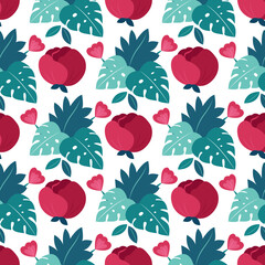 Monstera with pink flowers in a seamless pattern. Peony ornament