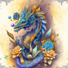 Chinese golden and blue dragon illustration, surrounded with ornamental flowers, watercolor 