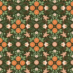 Christmas symmetry seamless pattern with winter food, botanical and spices