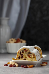 Traditional fruit cake for Christmas with raisins and nuts.