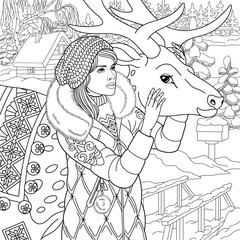 Winter girl embracing reindeer. Christmas adult coloring book page in mandala style.
