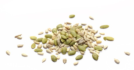 Mix seed, pumpkin and sunflower seeds isolated on white