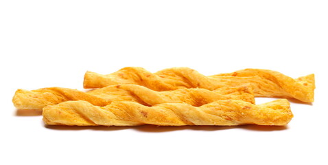 Butter pastry twists with emmental cheese and cheddar cheese isolated on white