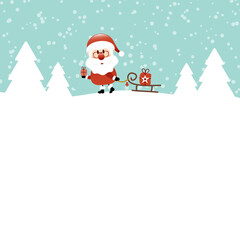 Quadrat Weihnachtsmann Mit Geschenk Zieht Schlitten Im Wald Schnee Türkis Dunkelrot