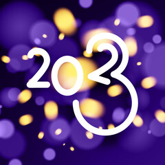 2023 sign with yellow and purple bokeh lights.