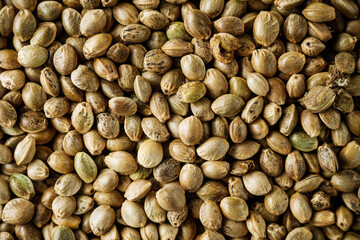natural hemp seed on black stone background