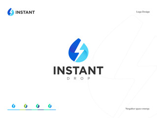 Thunder and Water Drop Logo. Power Drop water Logo, Instant Drop Logo,  Energy Drop. Energy Flash Water Logo design. 