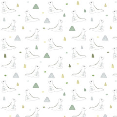 Seamless pattern with dinosaur print and decorative elements, childish print with cute character