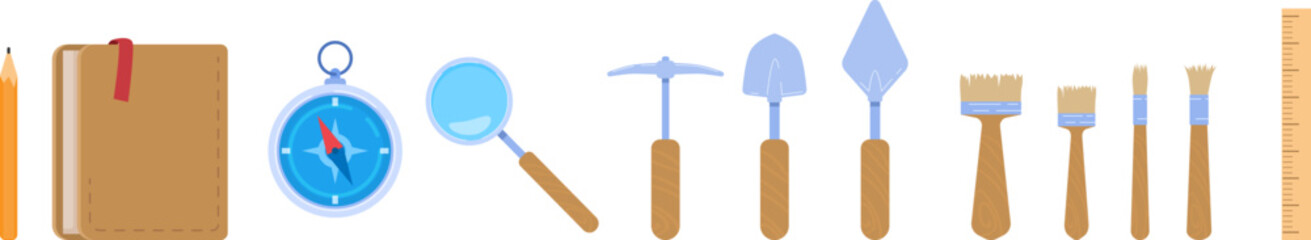 Archaeologists excavation tool set icon isolated on white flat vector illustration. Stuff for archaeological research, scientific historical work.