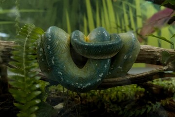 Closeup of a green tree python (Morelia viridis) wrapped around a tree branch